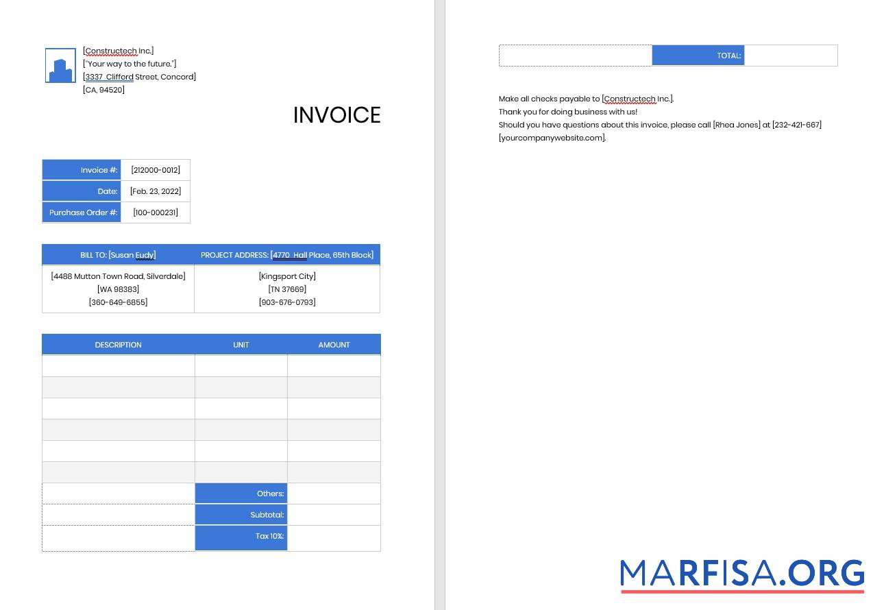 Downloadable Professional Contractor Invoice Template